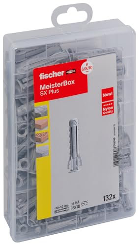 fischer Meister-Box Wohnraum, 132-teiliges Dübelset, 6-10 mm Durchmesser, 30-50 mm Länge, für Heimwerker und Profis, optimal für Ziegelwände