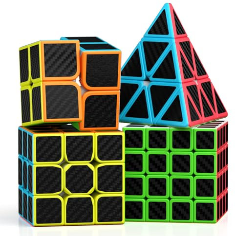 ROXENDA Zauberwürfel Set - 2X2 3X3 4X4 Pyramide Speed Würfel Set mit Würfel Tutorial für Kinder und Erwachsene, [4er Pack] (Kohlefaser)