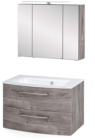 Stivan Badezimmer-Set, 2-teilig, mit Waschtisch, Weiß – Eiche Grau