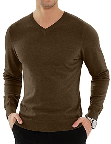 KUYIGO Hombres Llano V-Cuello Jersey de Punto Casual de Manga Larga suéter Jersey de Trabajo de Oficina Profesional Inteligente S Marrón