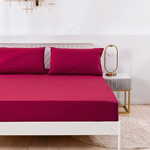 Spannbettlaken Einfarbig 140x200 cm für Matratzen bis 35cm, Betttuch Leintuch Weiche Polyester-Mikrofaser Bettlaken Weinrot