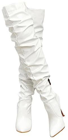 CRETUAO Botas tacón Alto por Encima la Rodilla para Mujer,Botas Altas hasta el Muslo Aguja elásticas con Punta Puntiaguda Sexy,Botas largas con Cremallera Espejo Charol a la Moda,Blanco,37 EU