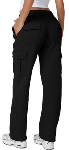 QINSEN Womens Elastic Waist Long Winteer Sweatpants Casual Fleece Jogger Pants Black L