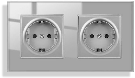 JIMEIDA Toma de pared doble de vidrio, 2 compartimentos, gris, contacto protector de 16 amperios, toma de pared con panel de vidrio templado, 157 mm x 86 mm, 250 V
