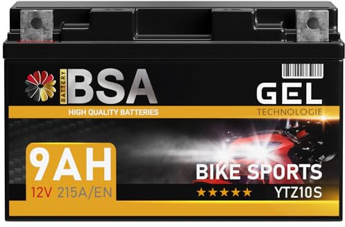 BSA YTZ10S GEL Motorradbatterie 12V 9Ah 215A/EN Batterie doppelte Lebensdauer entspricht YTZ10-S 50901 GTZ10-S vorgeladen auslaufsicher wartungsfrei