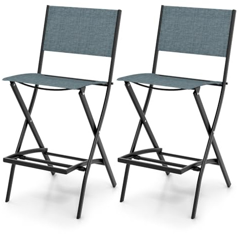 TANGZON Outdoor Bar Stools Set of 2/4, Folding Bar Chairs with Backrest, Footrest & Anti-slip Foot Pads, Counter Garden Dining Chairs for Patio Poolside Backyard Balcony Lawn (Blue, 2 Pcs)