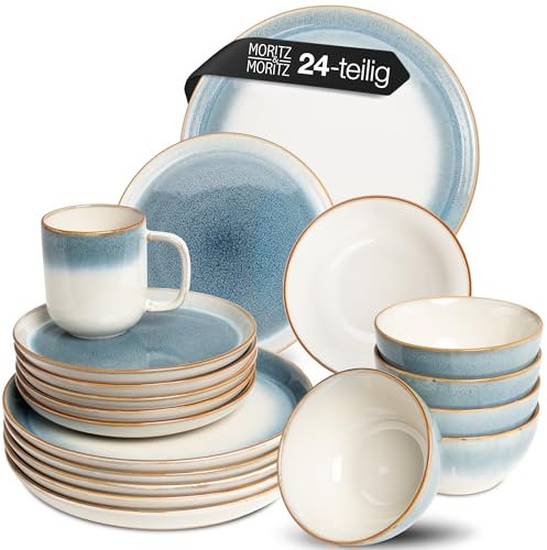 Moritz & Moritz TARENTO 24-tlg. Geschirrset 6 Personen Blau - Elegantes Teller Set aus hochwertigem Steinzeug - Geschirr Set aus 6x Dinnerteller, 6x Dessertteller, 6x Suppenteller und 6x Tassen