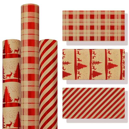 Zindoo Geschenkpapier Weihnachten Rolle, 3 Rollen Kraftpapier 43x300cm, Rot Braun mit Rentier, Karomuster & Streifen – Geschenkpapier für Weihnachtsgeschenke, Geburtstag & DIY Deko