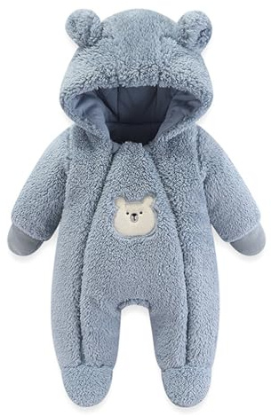 JiAmy Baby Snowsuit Hooded Romper Winter Outfits Boys Girls Cartoon Bear Fleece Jumpsuit Blue Bear 0-3 Months