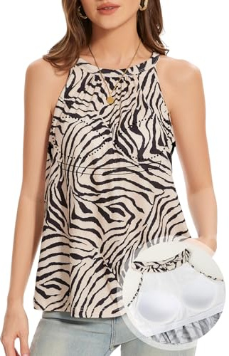 ANYFITTING Haut D'éTé pour Femme avec Soutien-Gorge Intégré, Débardeur Dos Nu, Chemises sans Manches, Chemisier Caraco, Chemises de Soutien-Gorge pour Femme Motif zèbre S