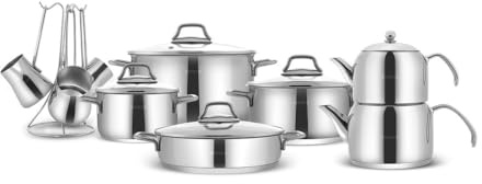 Karaca Belgrad 15-teiliges Edelstahl-Kochgeschirr-Set, 18/10 Edelstahl Topfset Induktion, Backofen & Spülmaschine geeignet, Kochtöpfe, Teekanne, Kasserolle & Kaffeekännchen