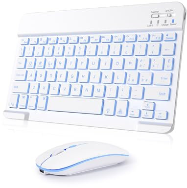 Nsyee Clavier et souris sans fil, clavier Bluetooth universel rétro-éclairé portable ultra fin rechargeable, pour iPad/Tablette/PC/iOS/Android/Windows/Samsung/Lenovo, disposition italienne, blanc