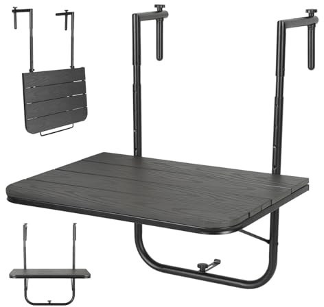 Eikuavons Balkongbord, hopfällbart, hängande bord, balkonghängande bord, vikbart med 3-faldigt höjdjusterbar, balkongbord för upphängning, väderbeständig, hängbord, fällbord 83,5 x 60 x 40 cm för