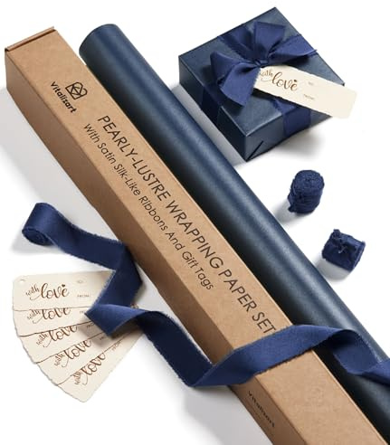 Vitalizart 76 cm x 5 m marinblått presentpapper med satinband av marinblå chiffong och återvinningsbara presentetiketter, rulle presentpapper till jul, födelsedag, bröllop och hantverk