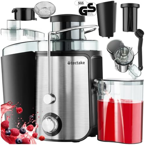tectake® Estrattore di Succo, 2 Velocità, Acciaio Inossidabile, Potente Centrifuga per Frutta e Verdura, Estrattore Frutta e Verdura con Spegnimento Automatico, 600W - Argento