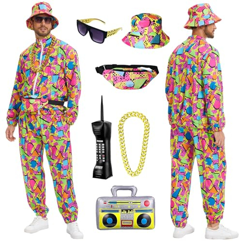 80-tals outfit herrset, 90-tals retro träningsoverall herr, streetwear hip-hop karneval kostym jacka och byxor, maskeraddräkter, cosplay-kläder