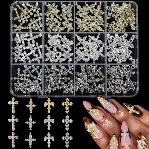 Lot de 120 breloques 3D en forme de croix pour ongles, 12 grilles, en métal, doré, argenté, noir, accessoires de manucure professionnels pour vernis gel