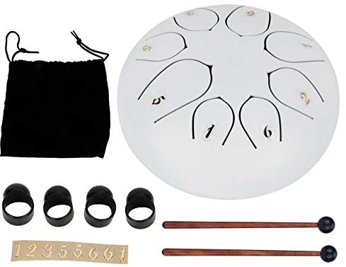 Tambor de lengua de 6 pulgadas, tambor de mano de 8 tonos con baquetas, instrumento de percusión etéreo para meditación, yoga, terapia zen, instrumento musical hecho a mano de (Blanca)