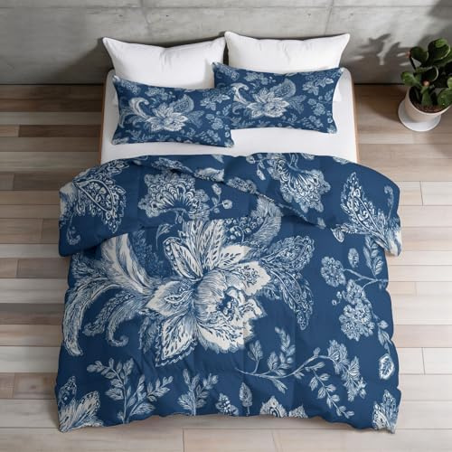 Paisley-täcke för 4-årstider, täcke 220 × 240 cm med blommönster linjer, varmt och mjukt täcke utan överdrag med 2 örngott, blå