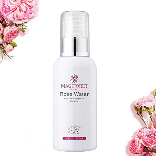 Rose Water Spray 120ml, MagiForet Rose Water Toner Spray, 100% ekologiskt destillerat roshydrosol rosenvatten av terapeutisk kvalitet för ansikte, hår och akne Rosenvatten ansiktsspray alkoholfri med ansiktsmask
