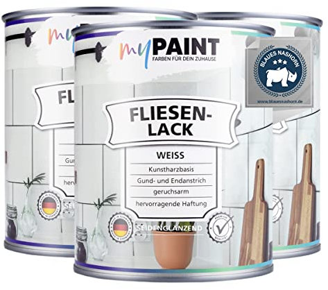 MyPaint Fliesenlack Badezimmer 3 x 750 ml - Weiß Seidenglanz - Fliesenfarbe Küche & Fliesenfarbe Badezimmer (Wand- und Bodenfliesen) mit hoher Deckkraft | wasserbeständig, strapazierfähig
