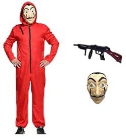 Anxicer Costume de carnaval, combinaison de voleur de banque pour Halloween, cosplay, rouge, à manches longues avec capuche, masque et mitrailleuse (Adult-S-160-170)