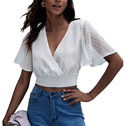 Top Corto de Lunares para Mujer, Blusa con Cuello en V, Blusa de Gasa de Manga Corta con Volantes, Blusa de Lunares Suizos, Blusa de Verano, Camiseta(S-Blanco)
