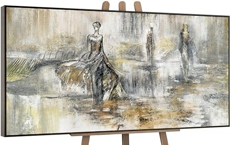 YS-Art Cuadro pintura abstracta hecho a mano Desfile de moda abstractas escala de grises Paisaje urbano Pintado en acrílico con marco 100x50 cm