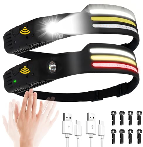 2 Packs Head Torch Rechargeable, Super Bright COB LED Head Torch 8 Lighting Modes Headlamp with Motion Sensor IPX4 Waterproof Lightweight Running Headlight for Running Cycling Camping Fishing