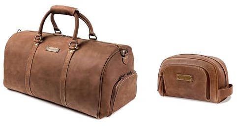 DRAKENSBERG Set/2 Leder Weekender 'Finn' & Kulturbeutel 'Ben' - Reisetasche Herren, Damen mit passender Kulturtasche - Havanna-Braun, DR-SET-916