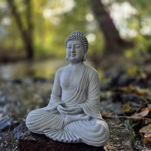 FABRIQ Figurine de Bouddha en pierre pour l'extérieur - Bouddha Feng Shui - Décoration de jardin zen - Gris - Résistante aux intempéries - Massive - 30 cm - 7 kg