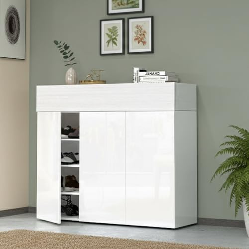 Dmora Scarpiera Nick, Porta Scarpe salvaspazio a 4 Ante, Armadio multifunzione da ingresso, 114x38h100 cm, Bianco Effetto larice