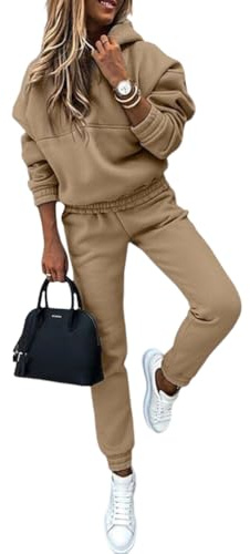 Yegirlzs Donna Completo Sportivo 2 Pezzi Tuta Manica Lunga Felpa con Cappuccio e Pantaloni Jogging Tuta Abbigliamento Sportivo Autunno Inverno A Cachi M