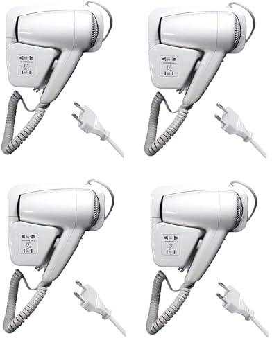 AntDau71® - Lot de 4 sèche-cheveux muraux 1300 W pour hôtel, B&B, salle de sport - Phon professionnel avec support mural, sécurité IP21, prise rasoirs intégrée, blanc - CW512-4