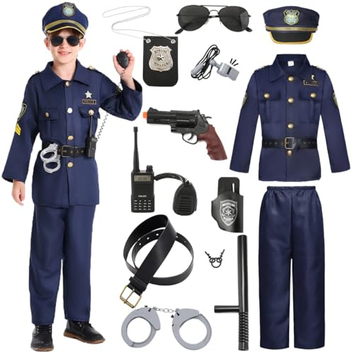 FR010-M Costume de police pour enfant garçon - 12 pièces - Équipement de police - Signal de police - Bonnet de police - Chemise talkie-walkie - Jouet de police - Ensemble de jouets pour Halloween,