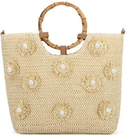 Freiesoldaten Perle di Fiori Borsa di Paglia per le Donne Grande Borsa Estiva da Spiaggia Intrecciata con Manico Superiore con Tracolla Regolabile
