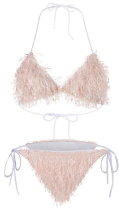 Women's Bikini Set, Sexy Flashing Fringe Two-piece Swimsuit Triangle Low Waisted Bikini Halter Lace-Up Tie Side Bottom Swimwear for Beach Pool Party Travel Beige