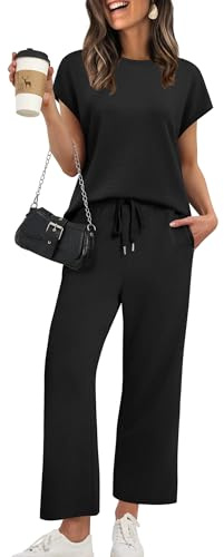 XIEERDUO Lounge Sets for Women Summer Fashion 2 Piece Travel Outfits Spring Loungewear Cap Sleeve Tracksuits Airport Track Suits Wide Leg Sweatsuit Cruise Wear Vacation Clothes Clothing Black L