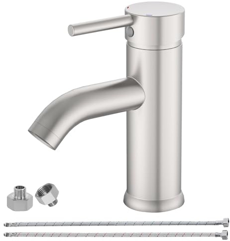 BATHLAVISH Wasserhahn Bad Gebürstet Nickel, Messing Einhebelmischer Waschbecken Armaturen, Mischbatterie Waschbecken mit G3/8 Schlauch & G1/2 Adapter, Armatur für Bad Küche 75 mm Auslaufhöhe