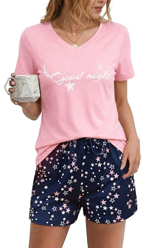 Litherday Womens Pyjamas Set Cotton Short Sleeve PJs Summer Cute Print | Cute Moon Cat Print: Womens cotton PJs with short-sleeve V-neck top and drawstring shorts for summer sleepwear