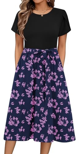 Zeagoo Robe D'été pour Femme Col Rond Mi Longue Robes Imprimée Décontractée | Robe Pétale Manches Courtes | Robes Élégant Swing | Robe de Plage | avec Poches S-XXL | S-2XL