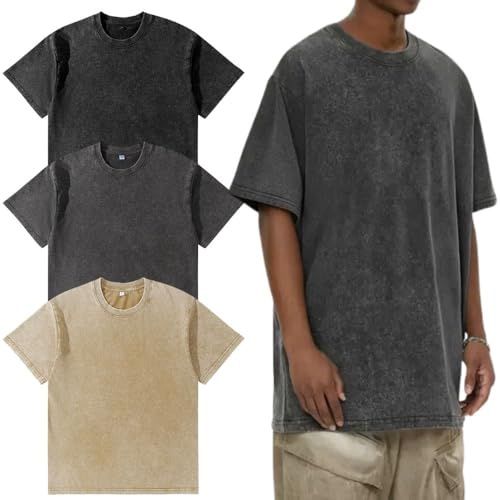 Lot de 3 t-shirts surdimensionnés pour homme - T-shirt basique en coton pour homme - Haut rétro délavé - Mode unisexe - T-shirt hip-hop vintage décontracté