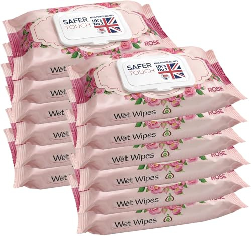 Safer Touch Wet Wipes, Rose Scented, 960 wipes (80 x 12 Packs) | Gentle Water-Based Face & Makeup Wipes, Alcohol-Free for Hands, Face & Body