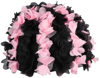 EXAOMBLE Cuffia da Bagno Donna in Nylon Nero Petali Floreali 3d, Riutilizzabile e Confortevole, per Nuoto e Piscina