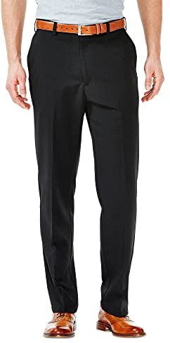 Haggar Men's 18 Hidden Waist Flat Front Pant, Black/White, 36W x 34L