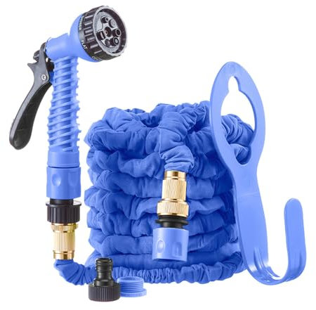 Hercul-Easy Expandable 25ft Garden Hose Set – Flexible Hose with 7 Way Spray Gun - Aluminium & Brass Connectors, Hose Holder & Tap Connectors - Water Pipe with Free Storage Bag, 25ft, Blue