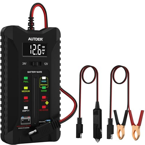 AUTDER Car Battery Tester, 12V/24V Voltmeter for Car & Motorbike Battery, Alternator Charging System Analyzer with LCD Display & LED Indicators, Dual Testing Modes