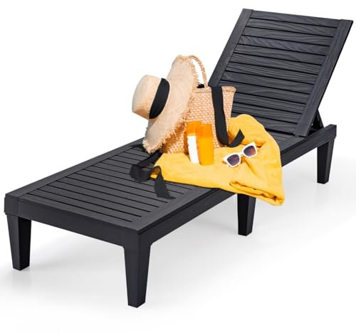 GYMAX Sonnenliege mit 5-Fach Verstellbarer Rückenlehne, Gartenliege aus Kunststoff, Liegestuhl bis 180 kg belastbar, mit 6 Stützfüßen, wetterfest, für Garten, Terrasse, Balkon, Strand (Schwarz)