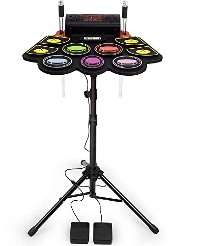 GrowDaily Electric Kids Drum Set,Electronic Drum Set Practice 9 Pads With Stand,Music Recording,Light Up Drum Sticks,Drum Pedal,Midi,Dual Stereo Speaker(Rainbow)