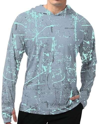 WELIGU Men's UPF 50+ Sun Protection Hoodie, Long Sleeve Fishing Shirt L0040